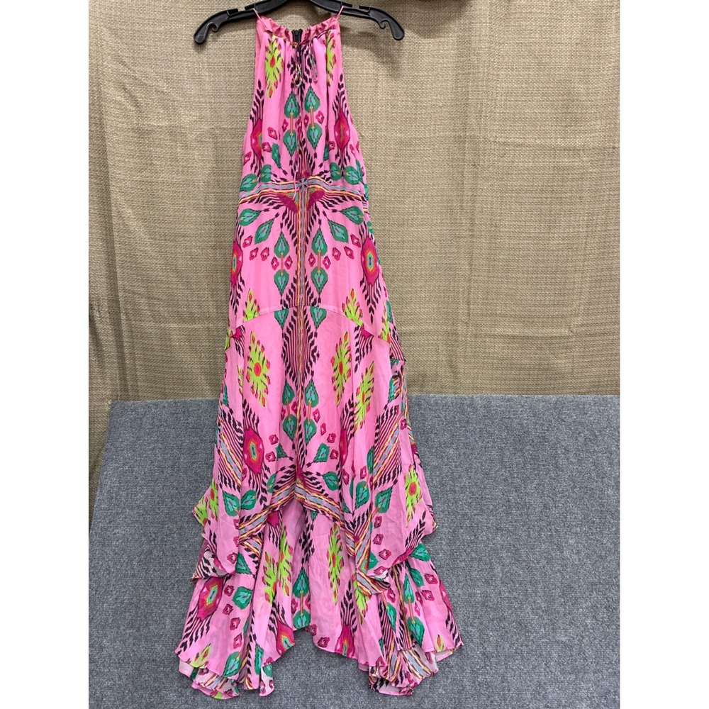 Nanette Lepore Island Style Silk Maxi Dress Pink Ikat High Low Halter 4 312-4872